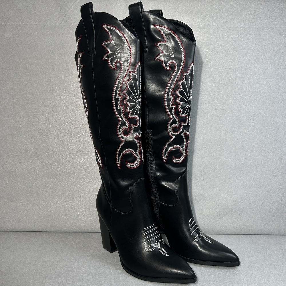 Women's Size 7.5 Knee-High Black Western Cowgirl Boots Embroidered Side Zip